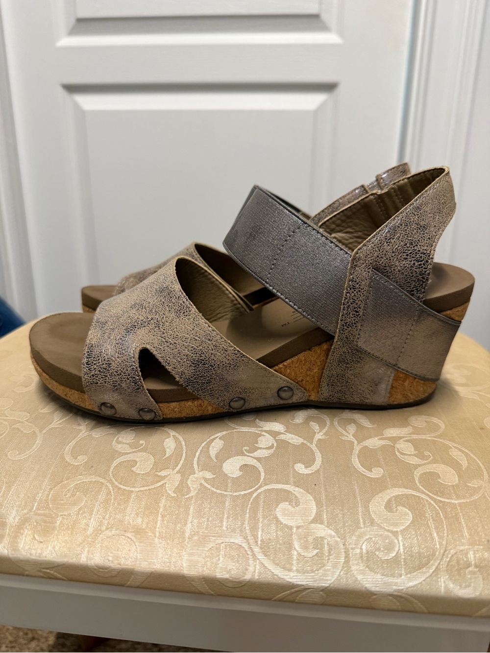 Women's Metallic Taupe Cork Wedge Sandals with Elastic Straps